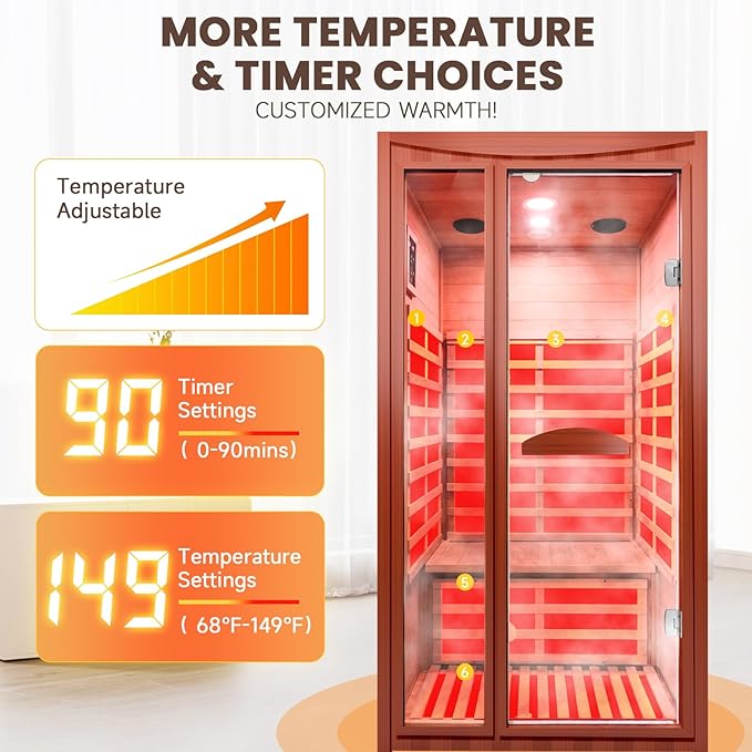 Far Infrared Sauna Home Sauna Spa Room for 1-2 Person Low-EMF Canadian Hemlock Wood 1550W Indoor Saunas with 7 Color Light 39.3 * 35.4 * 74.8Inch