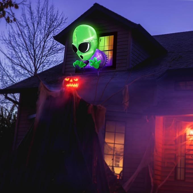 TURNMEON 4 Ft Halloween Inflatables Outdoor Decorations Alien Broke Out from Window with Built-in LED Blow Up Inflatable for Scary Halloween Decoration Party Home Indoor Outside Yard Garden Lawn Decor