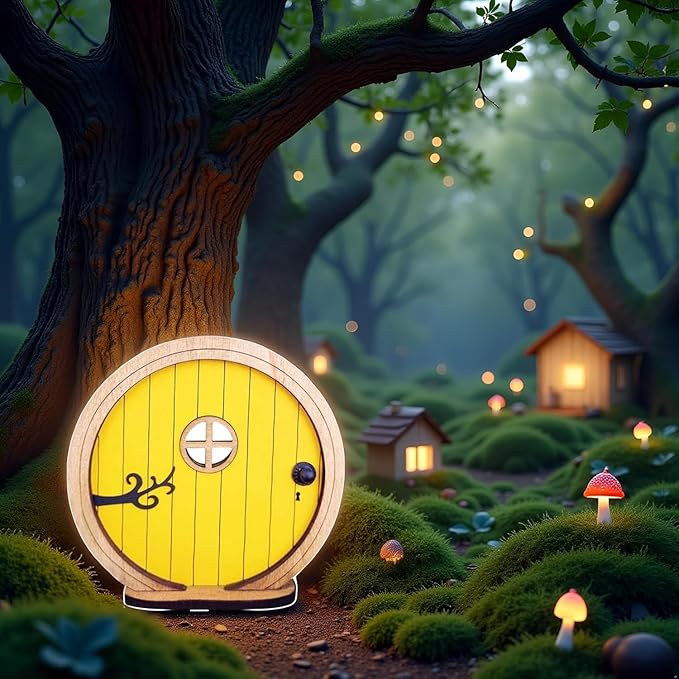 Yellow Fairy Garden Door for Tree, Fairys Doors for Trees Outdoor and Tree Trunk,Mini Fairy Garden Sculpture Lawn Ornament Decor, Fairytales Door Decoration,Gardens Miniatures,Buildings