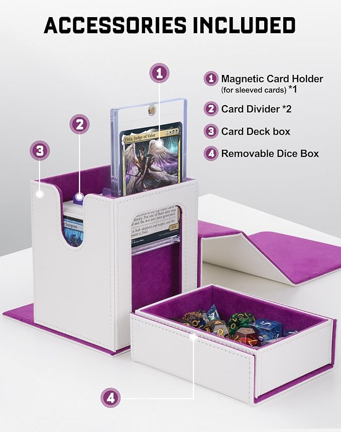 ZLCA MTG Commander Deck Box with Display Window, Card Deck Box Holds 100 Double-Sleeved Cards with Dice Tray & 35pt Magnetic Card Holder(White& Purple)