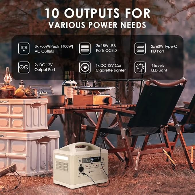 RAINBOW Portable Power Station 700W, 537Wh Backup LiFePO4 Battery, 3 x 110V/700W(Peak 1400W) AC Outlets, Solar Generator for Outdoor Camping, Quick Charge for Home, Hiking