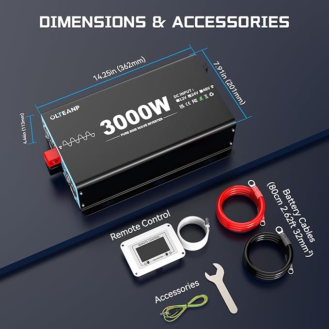 New Upgraded 24V 3000 Watts Pure Sine Wave Inverter, 24V DC to 110V/120V AC Power Inverter with 4 AC Outlets, USB Port, Type-C Port for Truck, Vehicle, Power Outage, Remote Control with LCD Screen