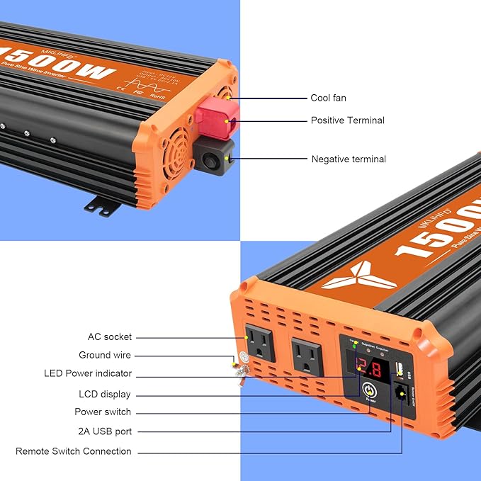 1500 Watt Pure Sine Wave Power Inverter 12V DC to 120V AC,3000W Surge Peak Power, Inverter for RV, Truck, Solar, Campers with 2 AC Outlet, 5V 2.0A USB, Remote Control Compatible with Lithium