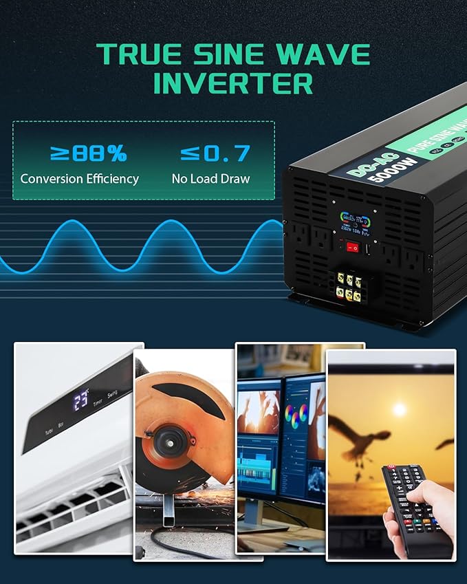 5000W Pure Sine Wave Power Inverter 12V DC to 110V AC with Wireless Remote Control LCD Display 1 USB Port, 4 AC Outlets, 1 Terminal Blocks for RV Truck Cabin Off Grid