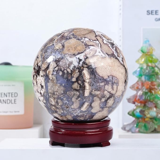 JIC Gem Large Blue Cherry Blossom Agate Crystal Ball with Stand Crystal Sphere Natural Sakura Flower Agate Stone Reiki Healing Meditation Witchcraft Home Decor 3.5-4 inch(90-100mm)