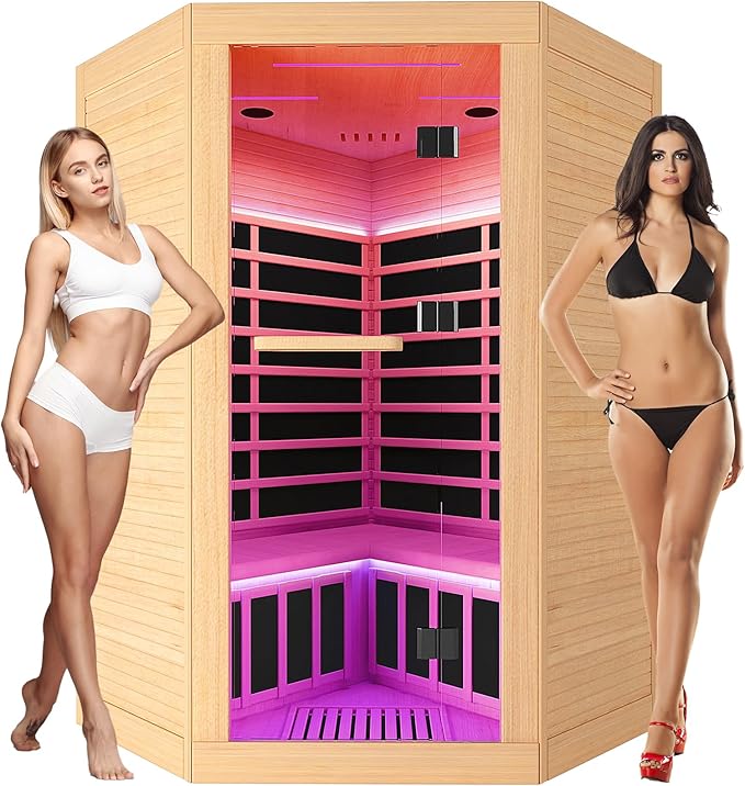 Indoor Sauna Two Person Far Infrared Saunas for Home 1 - 3 Person Wood Sauna Canadian Hemlock 2180W/110V Low EMF Dry Sauna Room with Oxygen Bar/7 Color Therapy/9 Heating Plates/Control Panel/Speaker
