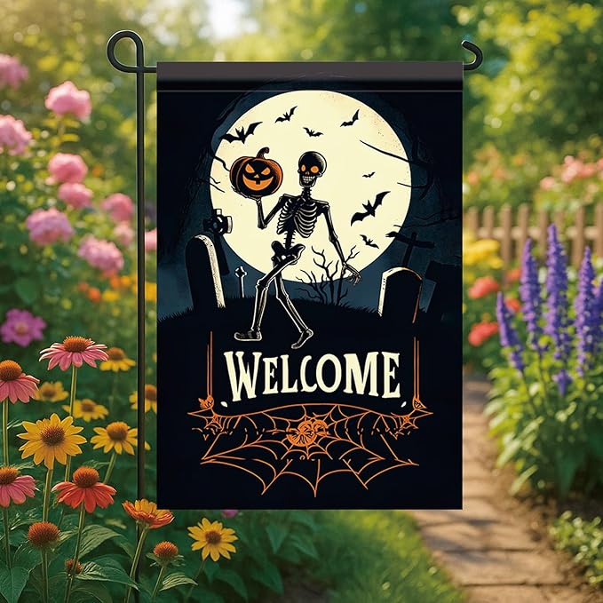 Halloween Garden Flag Skeleton Pumpkin Outdoor Yard Decoration Welcome Banner 12x18 Inch Double Sided Holiday Lawn House Vertical Seasonal Sign Skeleton with Pumpkin Small Yard Flag