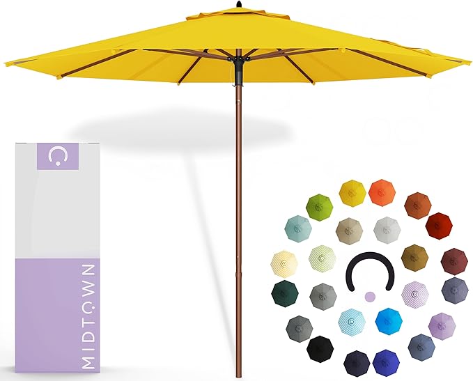 Midtown Umbrellas The Wooden 8 Feet Patio Umbrella With Terylast Sunflower (Yellow) Polyester Fabric - Aluminum Frame Market Umbrella For Backyard, Deck, Garden, Pool - Wooden Pole