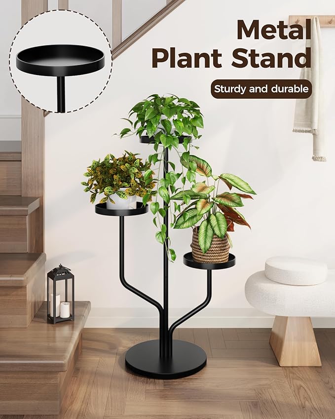 Bamworld Plant Stand Indoor Outdoor 3 Tier Metal Plant Shelf for Multiple Plants Pots Tier Tall Flower Holder for Living Room,Bedroom Decor,Balcony,Black