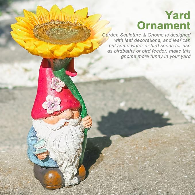 MUMTOP Garden Gnome Statue with Sunflower Bird Bath Outdoor Decor, Gnome Birdbaths Bird Feeder with Solar LED Light Waterproof Garden Sculpture for Yard Lawn Outdoor Decorations