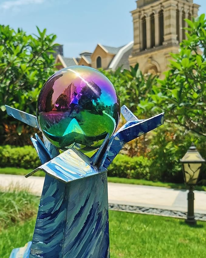 Rainbow Gazing Globe Mirror Ball in Stainless Steel, Shiny Hollow Sphere Sparkling Housewarming Outdoor Ornament (8 Inch)