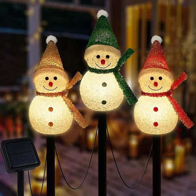 3PCS Snowman Shape Solar Christmas Lights Decorations, Solar Landscape Pathway Stakes Lights, Outdoor Christmas Lights Decor for Garden, Yard, Porch (Color Hat- Warm White)