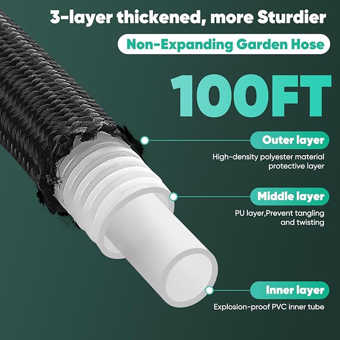 Garden Hose Non-Expanding 100ft, Flexible Garden Hose with 10 Function Hose Nozzle, Lightweight, Kink Free and Water Hose for Outdoor,Yard, Lawn, Car Wash, Marine,and Camper Use