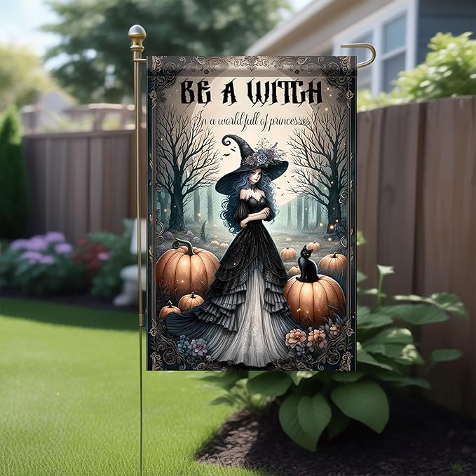 Halloween Witch Garden Flag 12x18 Inch Double Sided for Outside Witch in Black Dress Pumpkin Cat Yard Flag for Outdoor Holiday Home Decor