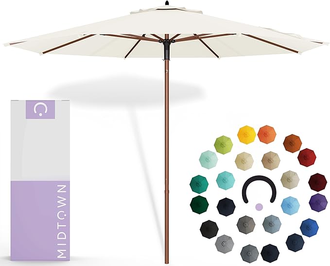 Midtown Umbrellas The Wooden 8 Feet Patio Umbrella With Sunbrella White Acrylic Fabric - Aluminum Frame Market Umbrella For Backyard, Deck, Garden, Pool - Wooden Pole