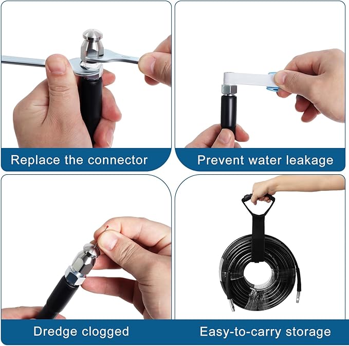 150FT Sewer Jetter Kit for Pressure Washer, 5800PSI Drain Cleaner Hose 1/4 Inch NPT Corner with 4 Sewer Jetting Nozzles，Waterproof Tape，Pearl Corsage Pin，Handle Strap & 2 Spanners (Black)