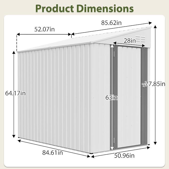 4x7 Ft Outdoor Storage Shed - Heavy Duty Metal Garden Shed, Galvanized Steel with Weather Protection, Lockable Tool & Bike Storage, Space-Saving Lean-to Design for Backyard (White)