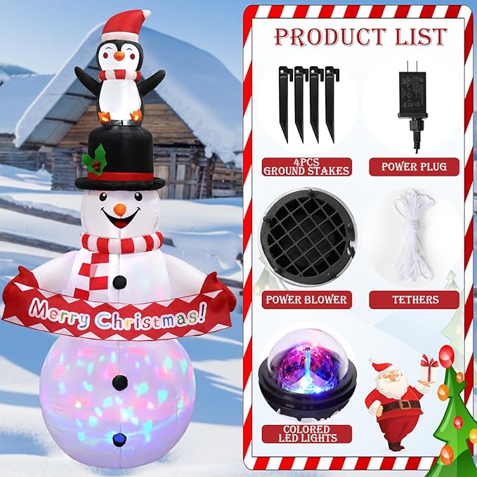 Dremisland 6FT Christmas Snowman Inflatable Decoration Snowman Penguin Blow Up Yard Decorations with Rotating LED Lights Outdoor Christmas Decorations Holiday Party Patio Garden Lawn Yard Decor