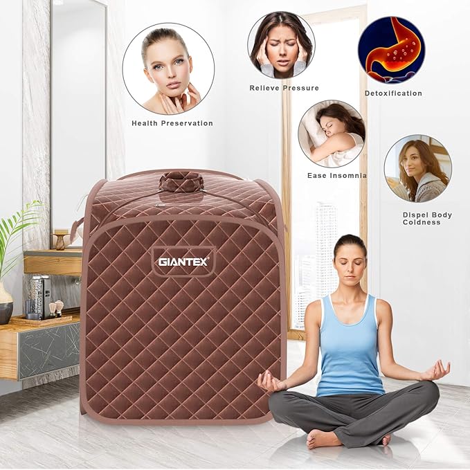 Giantex Portable Sauna, Sauna Box 3L Steam Box Remote Control, 9 Adjustable Temperature & Timer, Foot Roller, Mat & Foldable Chair, Steam Sauna for Single Person, Personal Sauna Tent for Home, Coffee