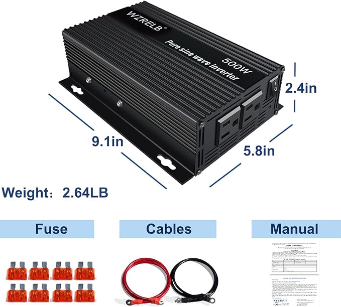 WZRELB 500W Pure Sine Wave Inverter 24VDC to 120VAC Solar Power Converter Truck RV Home LCD Display