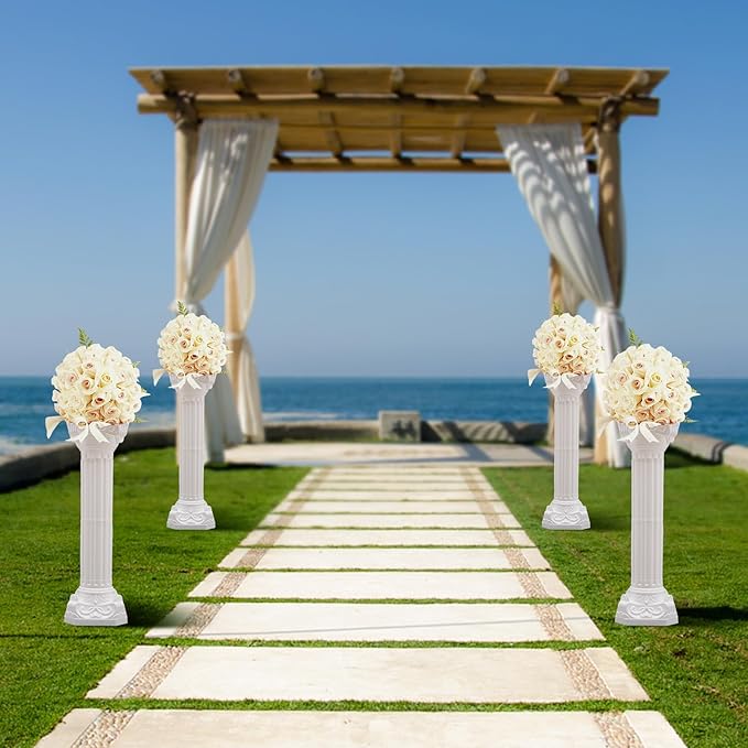 Roman Columns Wedding Column Stand Roman Pillar Plant Stand Plastic Greek Column Statue Pedestal Flower Pot Holder Decor Wedding Event Party Elegant Decorative Column (White, 4Pcs, 10.63x34.65 Inch)