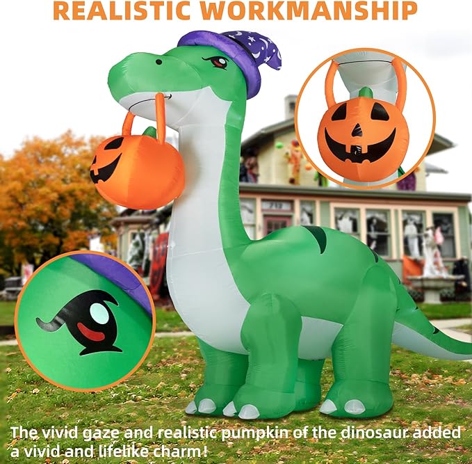 10FT Halloween Inflatable Huge Dinosaur Decorations Outdoor,Halloween Blow Up Yard Decorations Built-in LED Lights,Scary Party Decorations with Witch Hat and Pumpkin,for Garden/Lawn.