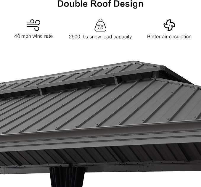 PURPLE LEAF 12' x 24' Outdoor Hardtop Gazebo with Netting and Curtains Galvanized Steel Double Roof and Aluminum Frames Permanent Wind Resistance Pavilion Gazebo for Patio Deck Garden, Light Grey