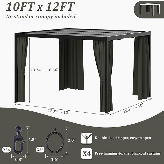 Gazebo Universal Replacement Privacy Curtain,10'×12' Gazebo Outdoor Waterproof Curtains, 4-Panels Sidewall Curtains with Double Zipper for Patio Canopy, Garden and Backyard (Curtain Only)