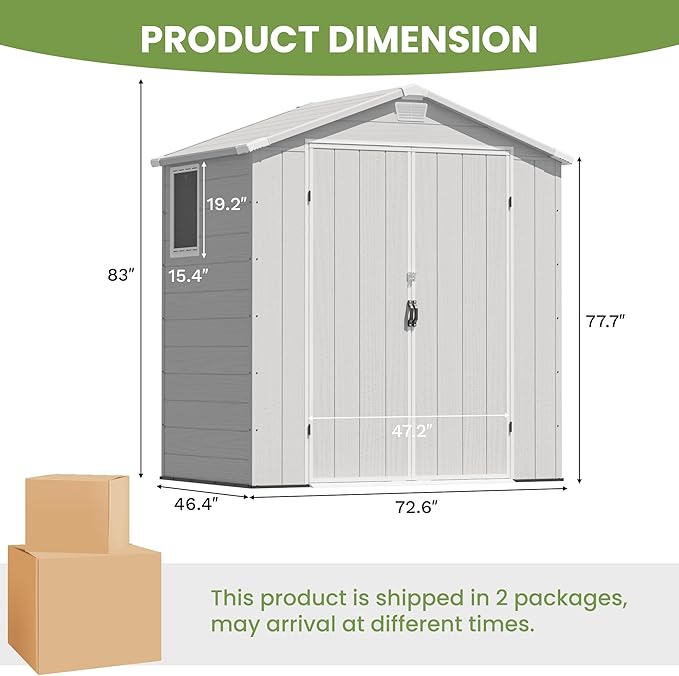 Greesum 6x4FT Plastic Outdoor Storage Shed with Floor, Resin Sheds with Lockable Double Door, Window & Vents, All-Weather Tool Sheds for Garden, Backyard, Patio, Light Gray