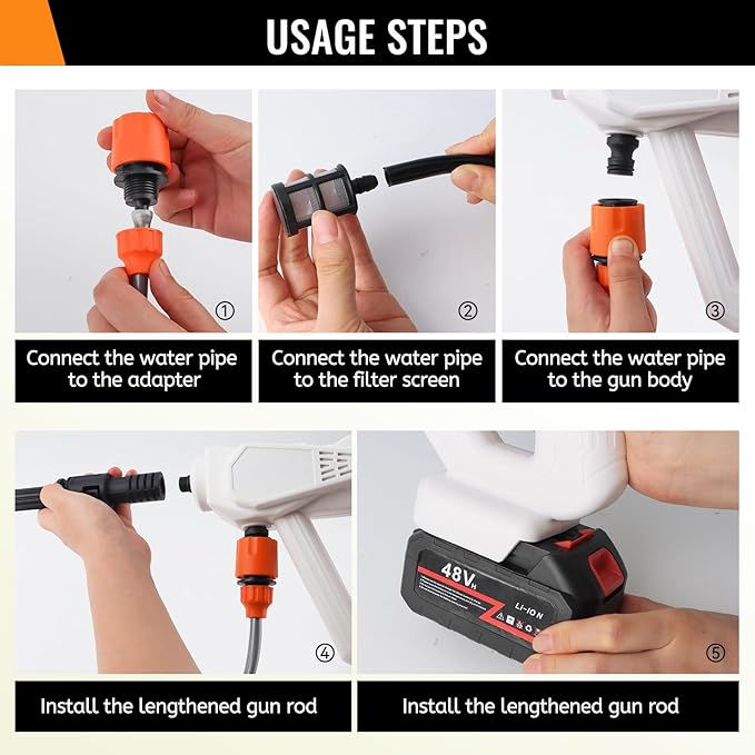 Portable Cordless Pressure Washer, 870 PSI/60 Bar Handheld High-Pressure Water Spray Wash Battery Powered Pressure Washer 48V with 6-in-1 Nozzle for Garden Car Floor Yard Fence Wall Cleaning