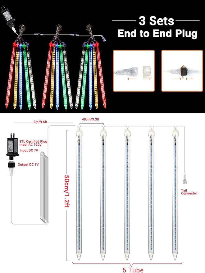 Flacchi Meteor Shower Icicle Lights - 5 Tubes 20" Each 270 LED Cascading Raindrop Lights, Timer Outdoor Waterproof Christmas Decorations for Holiday Party(5 in 1 Multi-Colored)