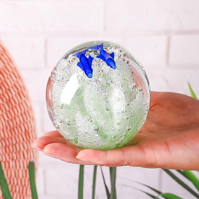 Decorative Crystal Ball Figurines Coral Fish Paperweight Blown Glass Decor Sea Art Ocean Lovers Gift Green 3.15"