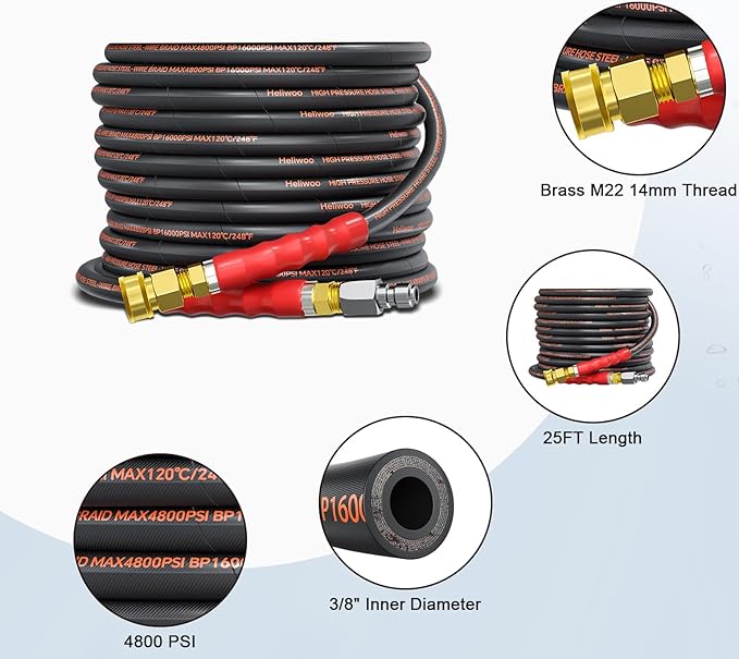 Pressure Washer Hose 25FT 3/8", 4800PSI No Marking Kink Free Hose with Quick Connect Ends and Adapters for Hot & Cold Water up to 140°F, Steel Wire Braided Hose for Power Washing