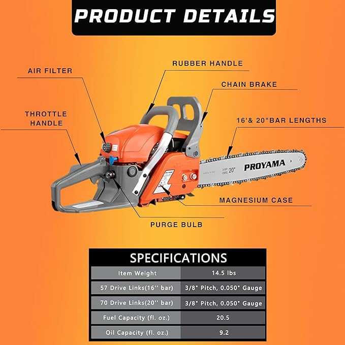 PROYAMA 58CC Gas Powered Chainsaw, 2 Cycle 2.8HP Powerful Chain Saw, 16inch & 20inch Chainsaw Bar, Gasoline Outdoor Cordless Chain Saw for Cutting Forest Wood Garden Trimming Tools