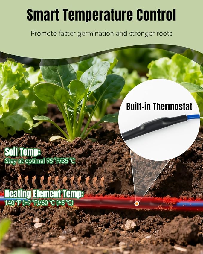 Pawfly 26 ft Soil Heating Cable with Built-in Thermostat & Plug, Electric Soil Warming Cable Heat Cable for Cold Frames Greenhouses Vegetable Garden Containers, Heating Cable for Plants Seed Growth