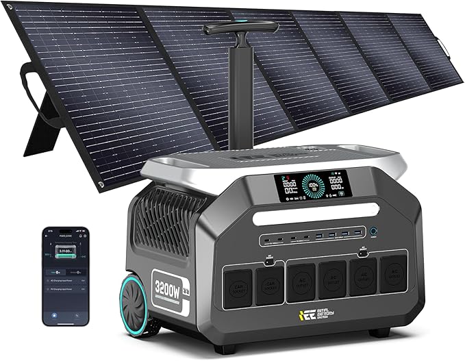 IEE 3200W Solar Generator P3200 with 500W Solar Panel, 2048Wh Portable Power Station, 1800W AC Charging, AC Outlets x 4, LiFePO4 Battery Power Station for Home Backup, Camping, RV, Emergency