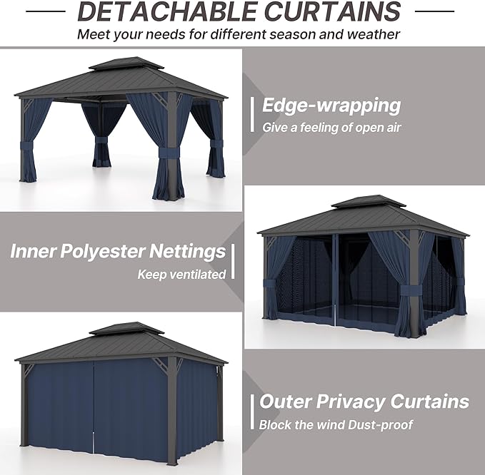 Gotland 2024 New 12' x 20' Hardtop Gazebo, Outdoor Iron Metal Double Roof Pergola with Curtains and Netting for Patio, Garden, Lawn, Navy