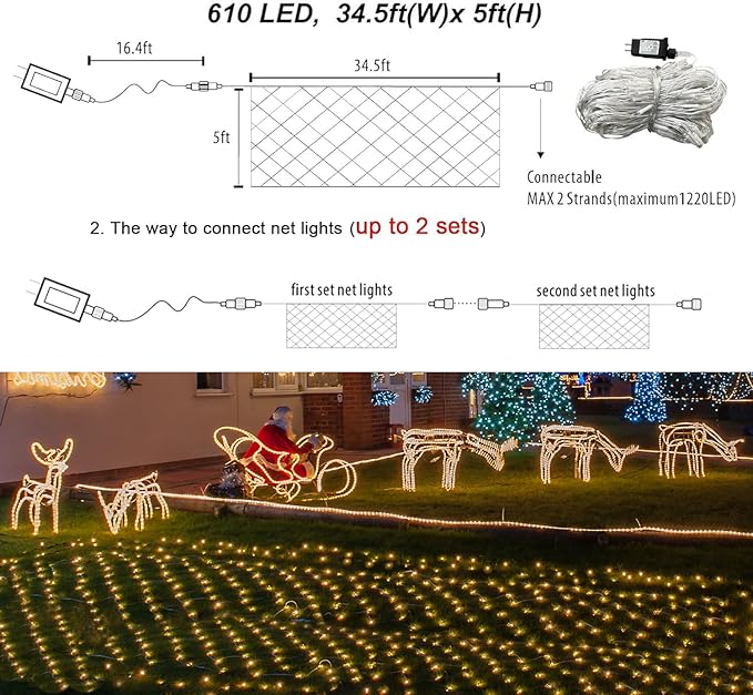 Christmas Net Lights, 610 LED Large Outdoor Net Mesh Lights 34.5X 5ft, 8 Modes Waterproof Twinkle String Lights Connectable for Bushes Halloween Yard Decor, Warm White