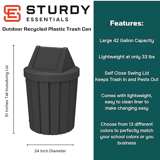 42 Gallon Round Slatted 100% Recycled Plastic Indoor or Outdoor Commercial Trash Can with Easy Access Swing Top Lid | Great for Schools and Businesses - Black