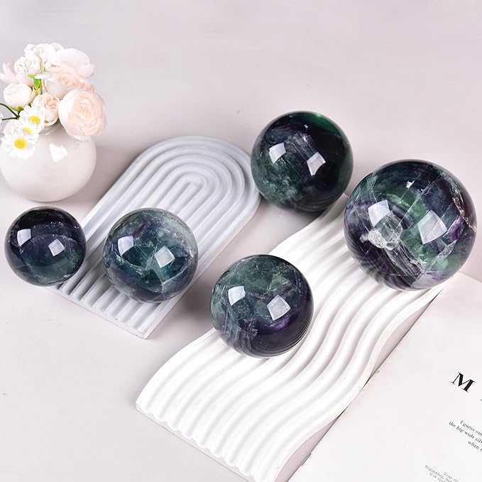 JIC Gem Natural Colorful Fluorite Crystal Sphere with Wooden Stand,Decorative Crystal Ball Fluorite Gemstone Sphere for Meditation,Feng Shui,Witch-Style Decor,Table 80-90mm