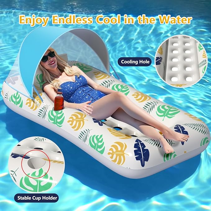 Inflatable Adult Pool Floats with Canopy 70 Inch Giant Swimming Pool Lounger Raft with Cup Holder & UV-Resistant Heavy-Duty Adults Floaties for Beach Lake Pool Parties Summer Travel Accessories