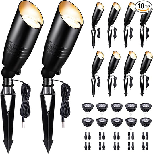 Black LED Outdoor Spotlights, Durable Low Voltage Landscape Lighting, Aluminum Waterproof Uplights for House, Garden, Lawn with 5W MR16 Bulb 4000K 10 Pack