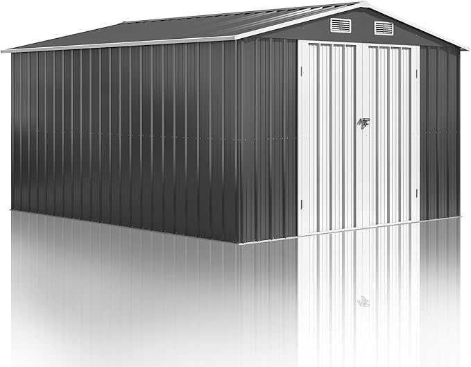 10x12 FT Outdoor Storage Shed, Metal Garden Tool Shed with Updated Frame Structure and Lockable Doors, Ideal for Backyard Garden Patio Lawn, Grey