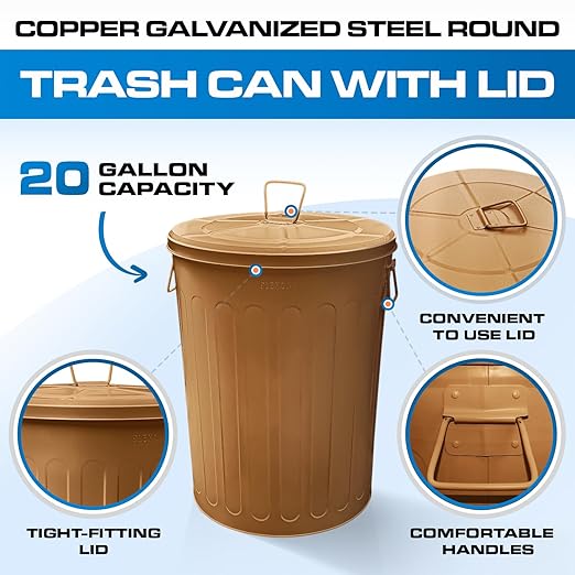 Plexon Large Metal Trash Can with Lid 20 Gallon, Decorative Outdoor Trash Can Heavy Duty Galvanized Metal Bucket with Lid for Garage Workshop Ash Storage Farmhouse, Copper 2 Pack
