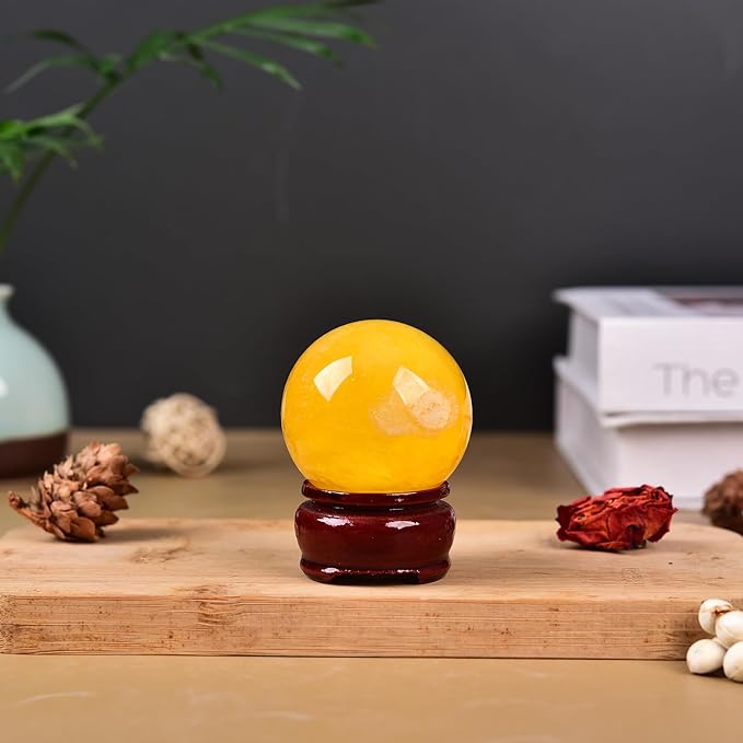 JIC Gem Natural Yellow Fluorite Crystal Sphere Crystal Decorative Ball with Wooden Stand Meditation Balls for Witchcraft Reiki Gift 50-60mm
