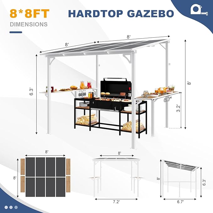MEISSALIVVE 8' x 8' Wall Mounted Gazebo, Outdoor BBQ Grill Gazebo with Side Shelf, Lean to Metal Awnings with Sloped Roof, Heavy Duty Pergola for Backyard, Deck, White