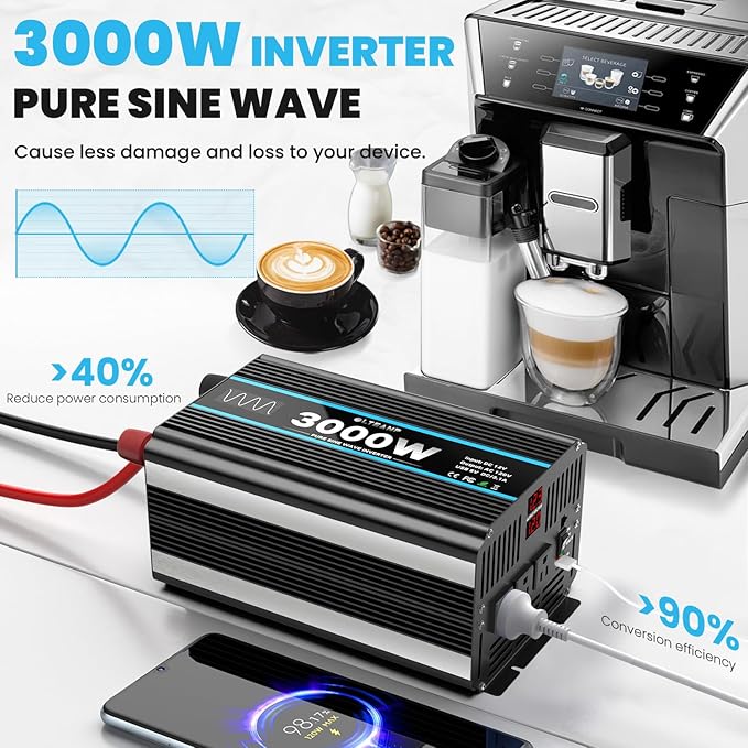 3000W Power Inverter Pure Sine Wave Inverter 12V DC to 110V AC Car Inverter with USB Ports,3 AC Outlets, LCD Display, Remote Controller for Car, Truck, Home, Vehicles, Boat, Power Outage