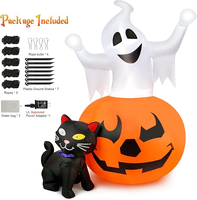 5 FT Halloween Inflatables Outdoor Spooky Pumpkin and Witch' s Black Cat Combo Inflatable Decor, Halloween Blow Up Yard Decorations Clearance with Build-in LED Lights, Halloween Outdoor Decorations