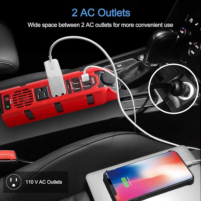 200W Car Power Inverter DC 12V to 110V AC Converter with Dual AC Outlets, 4 Quick Charger 2.4A USB Ports and 1 Type C Port Cigarette Lighter Socket Charger Adapter
