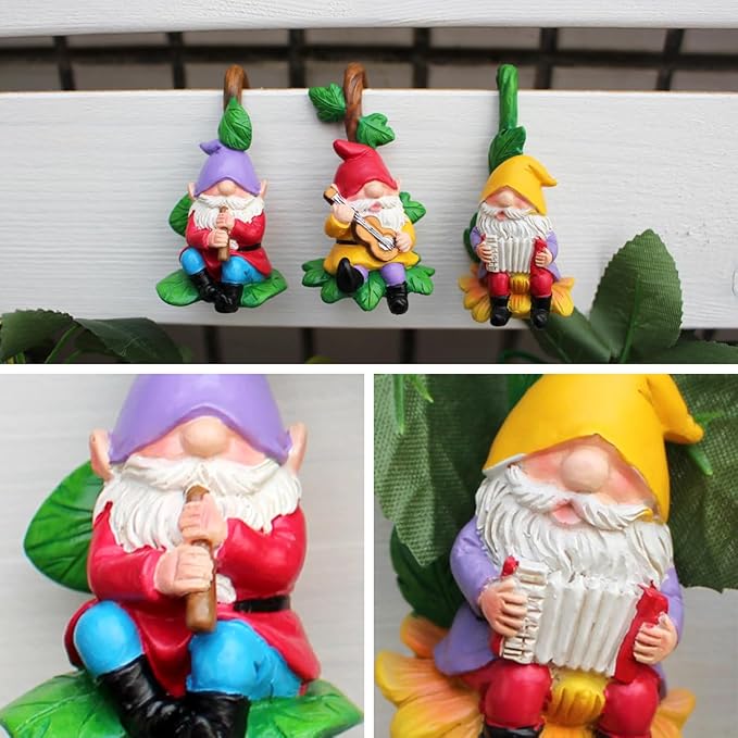 3 PCS Gnome Playing Music, Climbing Gnomes Tree Faces Decor Outdoor for Yard, Gnomes Statue, Outdoor Fairy Garden Resin Crafts, Flower Pot Landscape Dwarf, Micro Landscape Pendant Ornaments